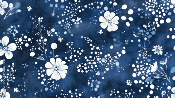 Fototapeta Indigo and white dots and flower shapes create a seamless pattern with a mottled look.
