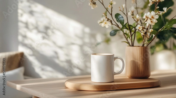 Fototapeta Cozy morning with a mug of coffee and a vase of flowers on a wooden table by a sunlit window