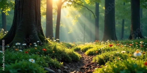 Obraz Sunlight dapples the forest floor, illuminating a carpet of moss and wildflowers amongst ancient trees A sense of tranquility and wilderness pervades the scene , spring, outdoor, background