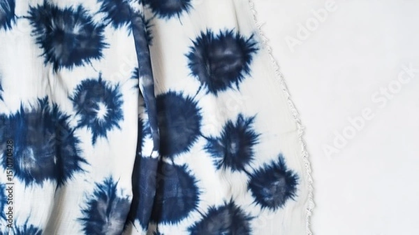 Obraz Indigo tie-dye on white silk. Handmade fabric with a unique knotted design. A special dyeing method called shibori was used.
