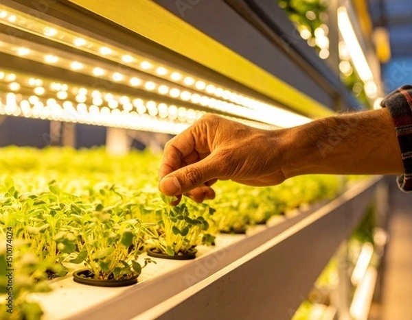 Obraz Modern agrotechnology: greens growing under a warm LED lamp, farmer’s hand in the background, eco-friendly production.