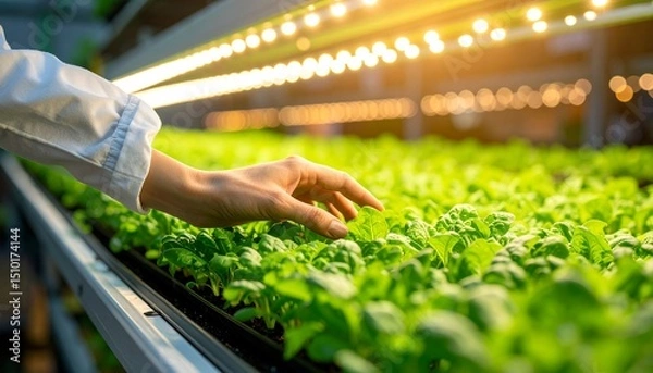 Obraz Modern agrotechnology: greens growing under a warm LED lamp, farmer’s hand in the background, eco-friendly production.