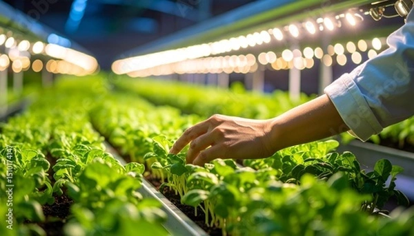 Obraz Modern agrotechnology: greens growing under a warm LED lamp, farmer’s hand in the background, eco-friendly production.