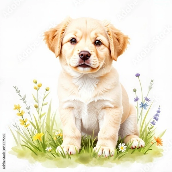 Obraz Adorable golden puppy sitting among colorful flowers in grass with copy space on a white background
