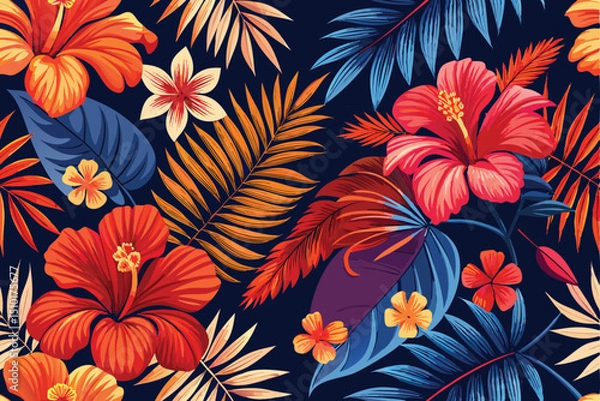 Fototapeta Vibrant tropical floral pattern featuring hibiscus flowers and palm leaves in a rich and saturated color palette