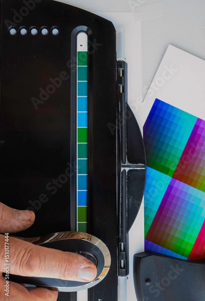 Fototapeta Close-up of a hand using a colorimeter to calibrate a paper profile, showcasing precise color management for printing. A color chart and calibration device with green and blue swatches are visible.