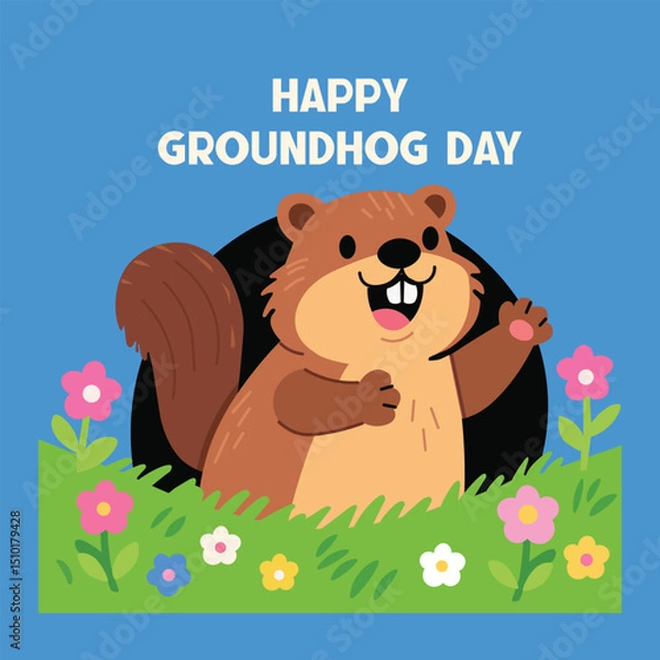 Obraz Happy Groundhog Day Cartoon Illustration with Smiling Groundhog and Flowers