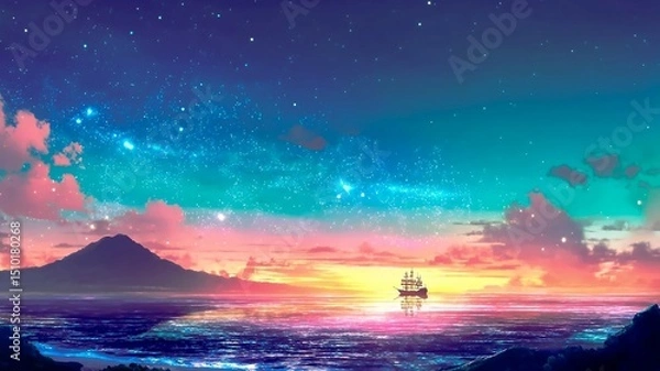Obraz 星空の下、海を航海する帆船の幻想的な風景