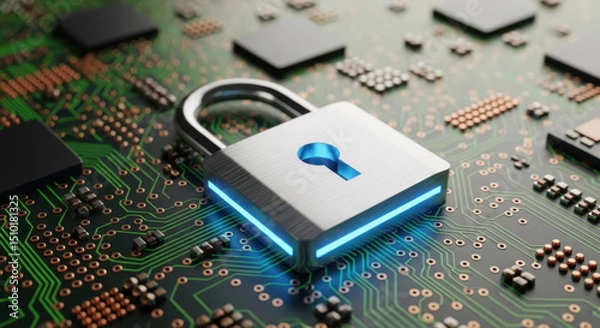 Fototapeta Cybersecurity padlock on circuit board symbolizing digital data protection and network security