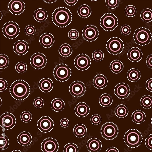 Obraz Seamless pattern with random round elements. White pink circular element on dark brown background. Ethnic simple geometric vector illustration. Country style folk ornament for holiday decor