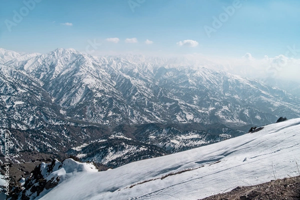 Fototapeta Amirsoy, Amirsay snowy rocks, mountains in Uzbekistan. Chatkal Range. Western Tien Shan mountains
