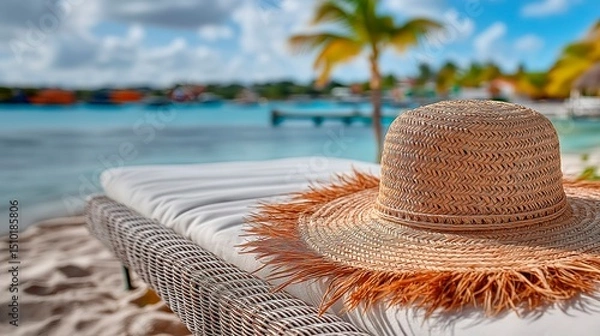 Fototapeta Straw hat resting on a sun lounger in a sandy beach with a blurred tropical setting at the background, vacations resort advertising photograph