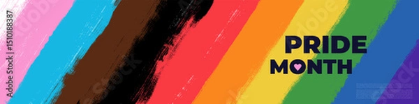 Fototapeta Happy pride month brush stroke banner. 2025 Oblique color stripes in the horizontal. Rainbow colored background. Gay pride, LGBTQ themed multiple colors with vector blurred lines, striped, pattern.