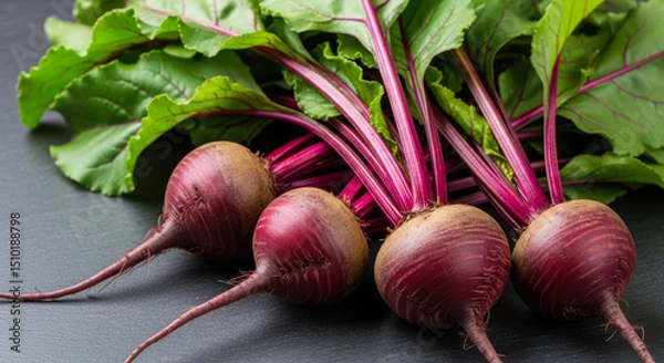 Obraz Fresh beetroots with green leaves on dark background symbolizing healthy eating and organic farming
