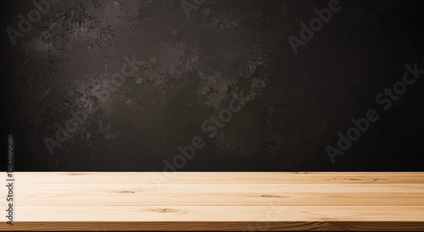 Fototapeta Wooden tabletop against dark textured wall background displaying product placement and mockup opportunity