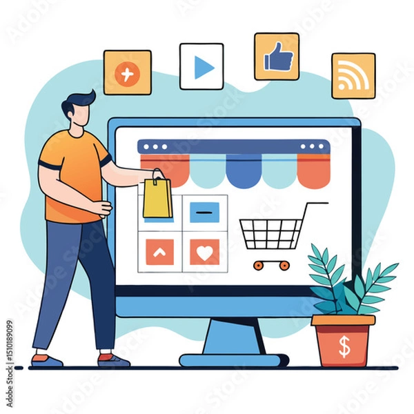 Fototapeta Man Shopping Online with Digital Marketing Icons and a Money Plant Representing Financial Growth and Success in E commerce