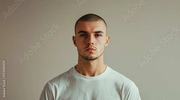 Fototapeta Man with clean buzz cut and casual T-shirt, facing front