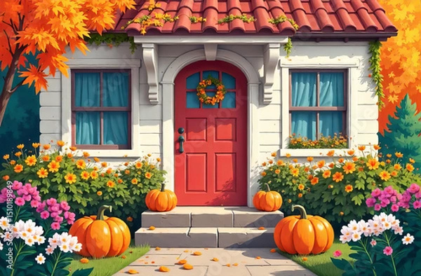 Fototapeta Fall cottage entrance adorned with asters and chrysanthemums, featuring orange pumpkins on stone steps.