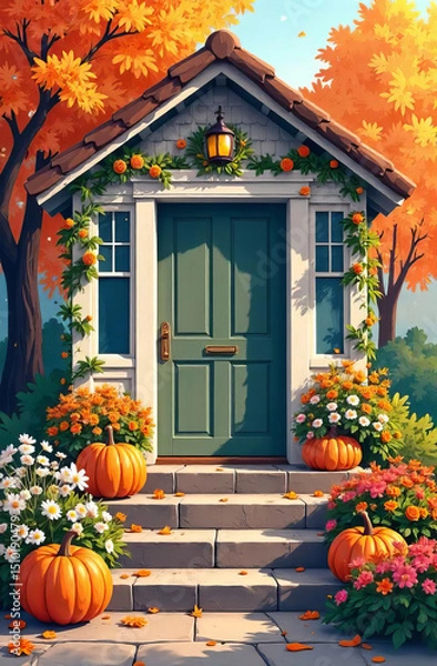 Fototapeta Fall cottage entrance adorned with asters and chrysanthemums, featuring orange pumpkins on stone steps.