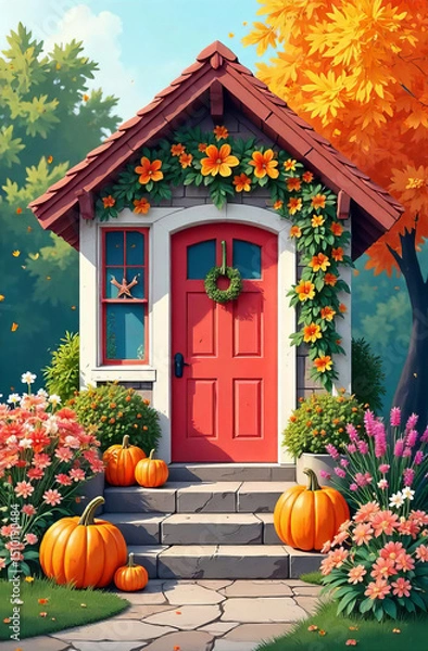 Fototapeta Fall cottage entrance adorned with asters and chrysanthemums, featuring orange pumpkins on stone steps.