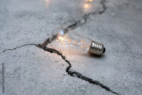Fototapeta Concept about blackout with a bulb lamp on with electricity over a broken floor
