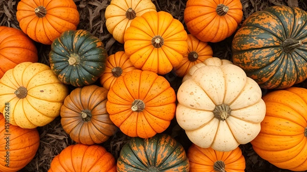 Obraz Different pumpkins at farm, top view. Autumn pumpkins harvested