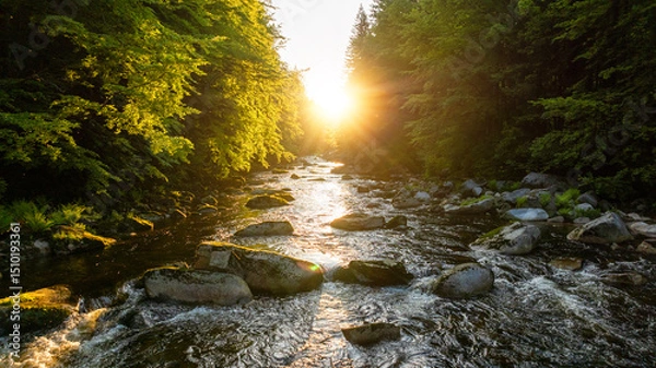 Fototapeta A Bright Small River Flowing Through Lush Spring Forest during Sunset Hour. Fresh Lush Vegetation, Low Angle of View. Wide Angle View. Beautiful Nature Landscape, Natural Background.