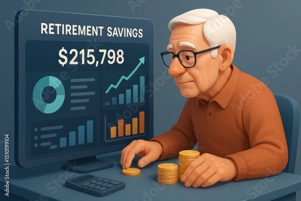 Fototapeta Retirement Savings Management : Elderly Man Checking Account Balance on Screen with Graphs and Gold Coins