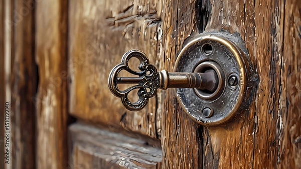Obraz Vintage Key in Ornate Lock on Wooden Door Digital Illustration