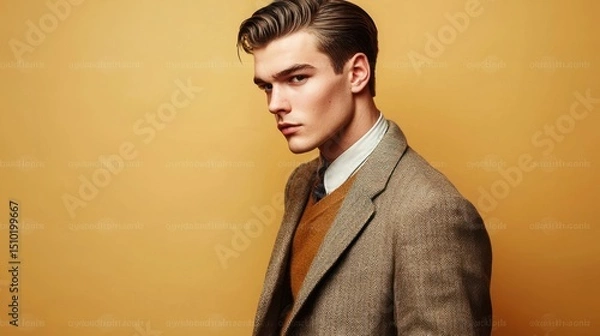 Fototapeta Stylish man with classic pompadour and sharp outfit