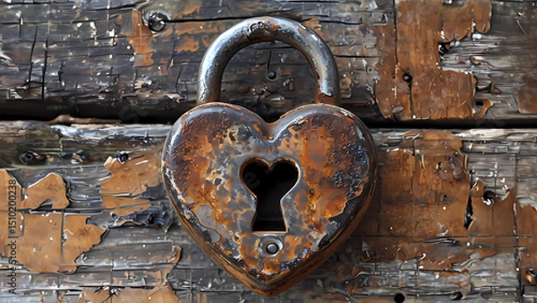 Obraz Rusty Heart Shaped Lock on Wooden Background Digital Illustration