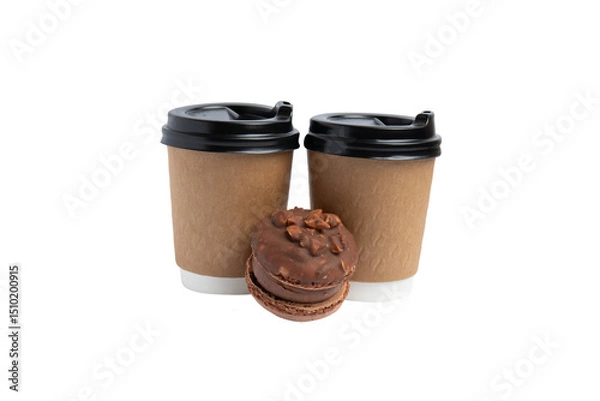 Obraz Two kraft coffee cups with chocolate macaron – PNG, front view, isolated on transparent background