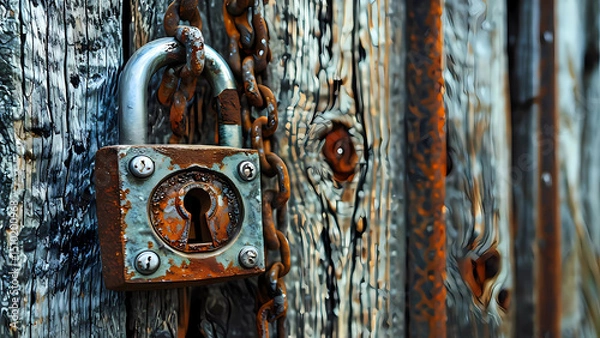 Obraz Rusted Padlock on Aged Wooden Door Texture Digital Illustration