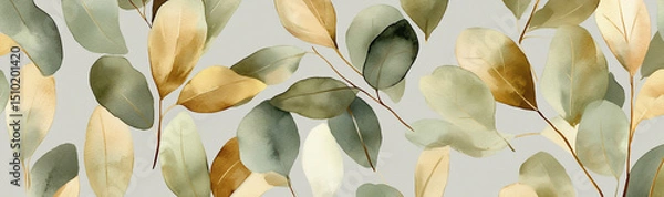 Fototapeta A seamless pattern with digital watercolor leaves in soft greens and golds, their forms layered against each other on a grey background.