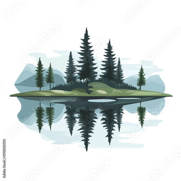Obraz Lake With Reflection 2D flat vector illustration, isolated on a white background.