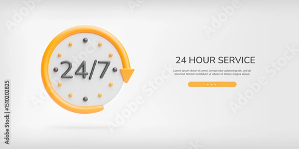 Fototapeta Customer service 3d banner. Realistic white clock face, 24 7 text on center and yellow arrow around. All day working concept. Vector poster of client support, help, working hours on light gray