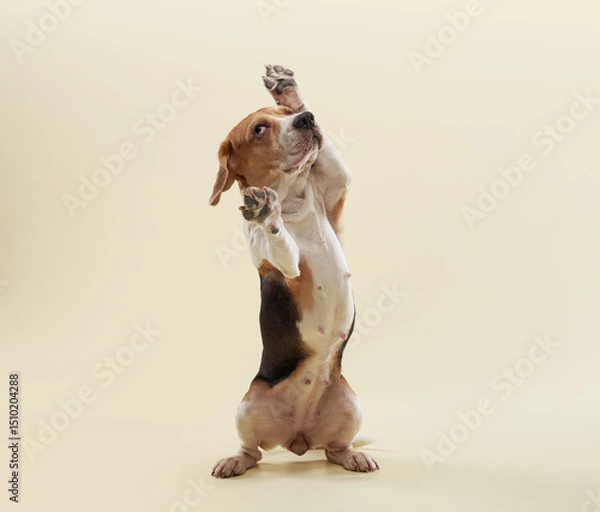 Fototapeta A beagle leaps into the air, ears flopping and paws extended. The light-colored backdrop enhances the sense of movement.