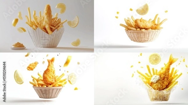 Fototapeta Four images showcasing crispy fried fish fillets and golden french fries in paper cones, with lemon wedges and tartar sauce artistically arranged in dynamic motion against a clean background