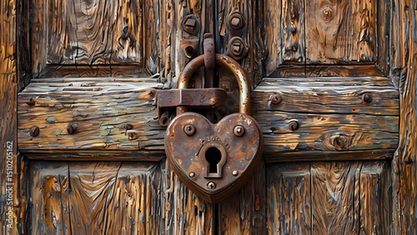Obraz Weathered Wooden Door with Dual Heart Locks Digital Illustration