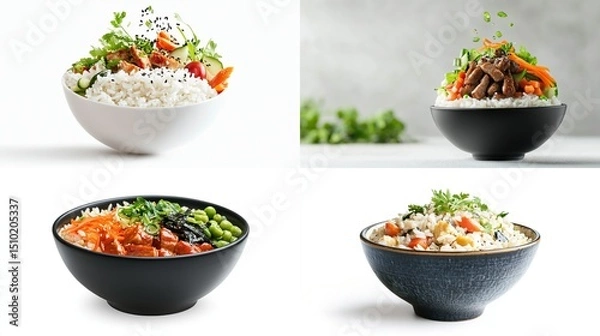 Fototapeta Four vibrant rice bowls showcase diverse Asian-inspired cuisine; each features fluffy rice, colorful vegetables, and protein.  Two bowls are black, two white