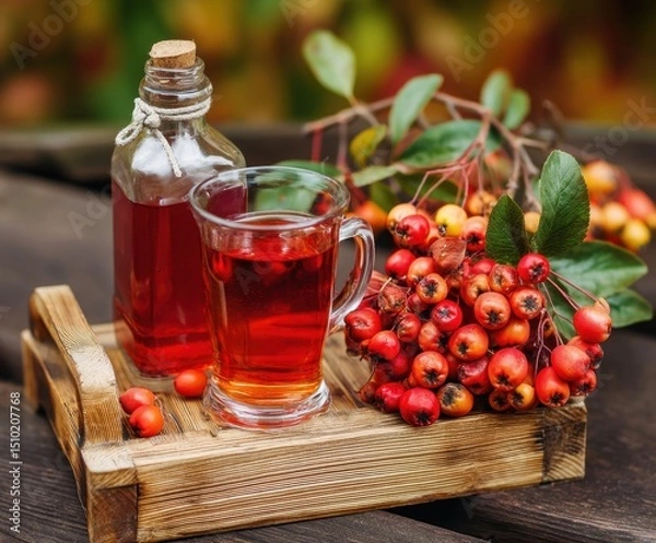 Fototapeta Ripe berries of the hawthorne plant and drink in a mug, syrup in a bottle, on a wooden table.