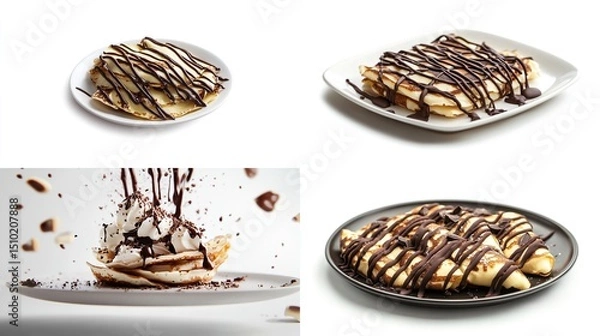 Fototapeta Four delectable images showcase thin pancakes drizzled with melted chocolate, some topped with whipped cream and chocolate shavings; dynamic action shot included