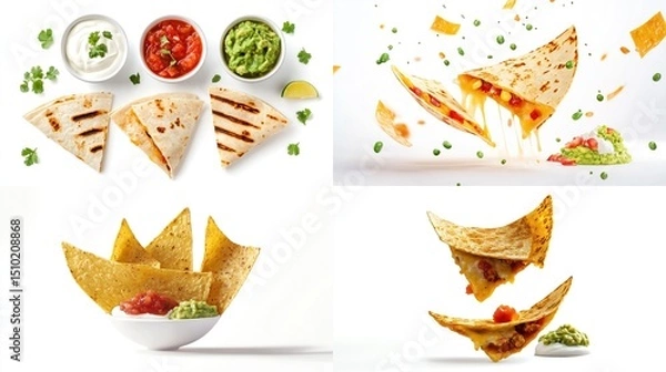 Fototapeta A four-panel image showcases various quesadillas, nachos, and accompanying dips like sour cream, salsa, and guacamole, some in mid-air, emphasizing cheesy 