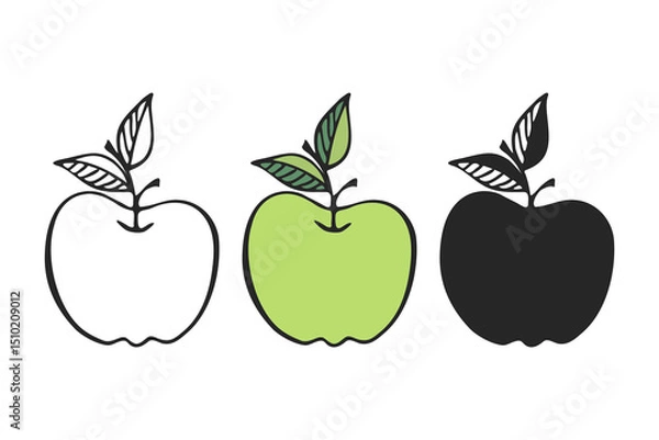 Fototapeta Apple icons set, outline and silhouette, hand drawn fruits, logo element design. Isolated on white background.