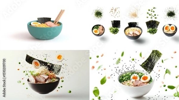 Fototapeta A vibrant collage showcasing ramen noodle bowls, ingredients (egg, pork, seaweed, peas, sesame seeds), and preparation steps, with some ingredients depicted emphasizing freshness and visual appeal