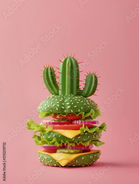 Fototapeta A creatively designed hamburger shaped like a cactus, combining fun food art with a touch of desert-inspired imagination.