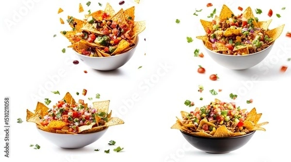 Fototapeta Four bowls of nachos, each with different toppings, are shown against a white background.  Triangular tortilla chips are piled high with seasoned ground 