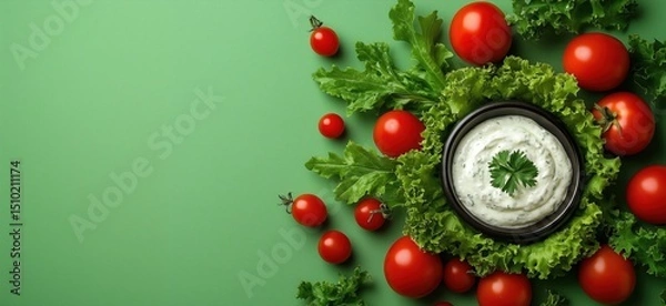 Obraz Fresh vegetables and creamy dip arranged beautifully on green background