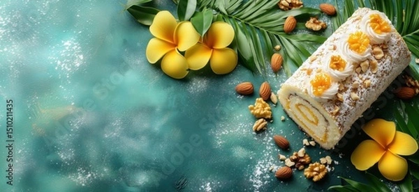 Obraz Delicious coconut roll cake decorated with flowers and nuts on tropical background