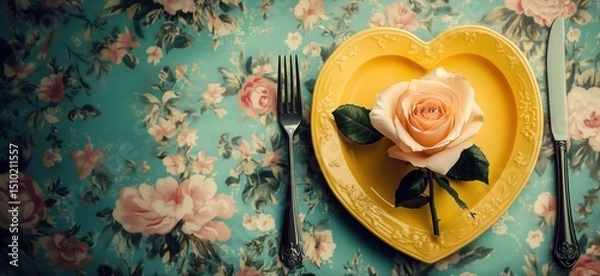 Obraz Heart-shaped plate with rose on floral tablecloth for romantic dining experience